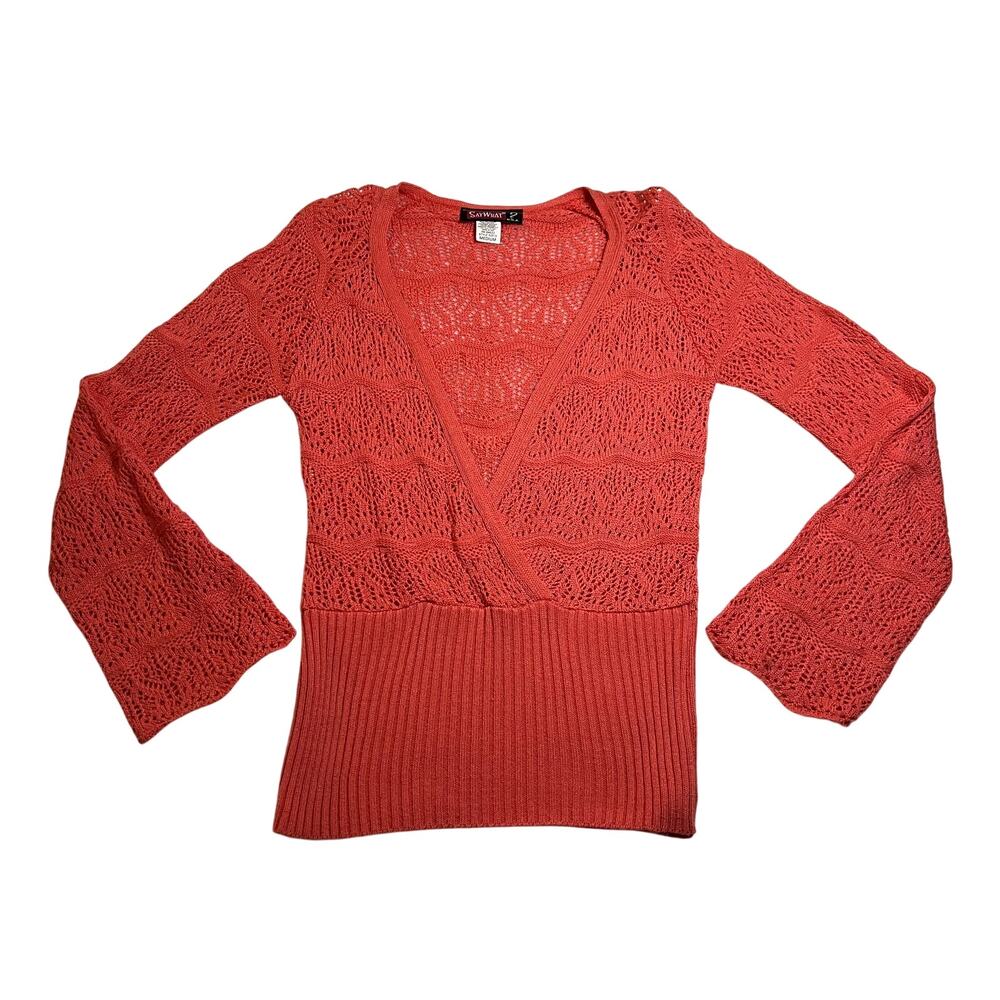 Vintage Say What? Open Pointelle Knit V-Neck Top Size M Boho Hippie Festival